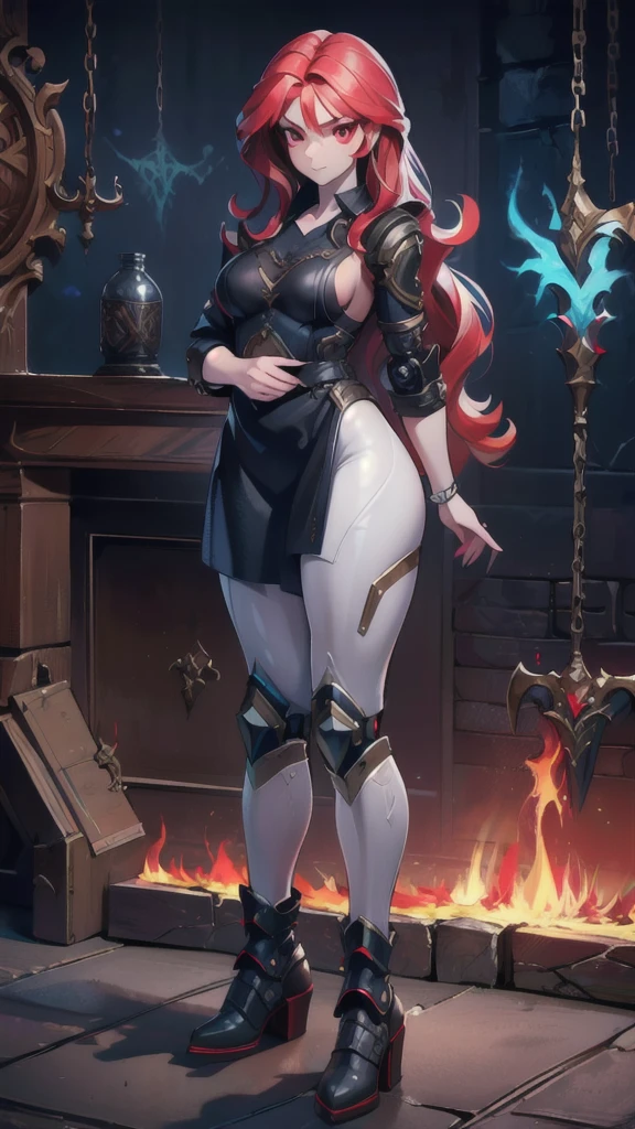 (sfw), (wide angle), 1woman, goddess of the forge, Hephaestus, ruby red eyes, ((blacksmith woman)), middle-aged woman in her 40s, (small bust:1.37), well toned physique, ((medium length wavy hair with crimson roots fading to black tips)), burn scars on chest and arms, (wearing leather apron, apron with glowing symbols), (tight black button up shirt) , (wearing skin tight white leggings), wearing flat heeled work boots, ((swings a huge smithy hammer in one hand, over her head)), smith's hammer is glowing green, she stands at an angelic anvil, (set inside a massive robotic factory:1.37), ((high resolution)), intricately detailed facial features, detailed piercing eyes, refined jawline, masterpiece, 8k, ((hyper realistic)), standing in various modeling poses, cinematic lighting, dramatic shadows, warm color tones, intricate details, hyper-detailed, mlpshimmer, acoaL leggings, wjqhammer 