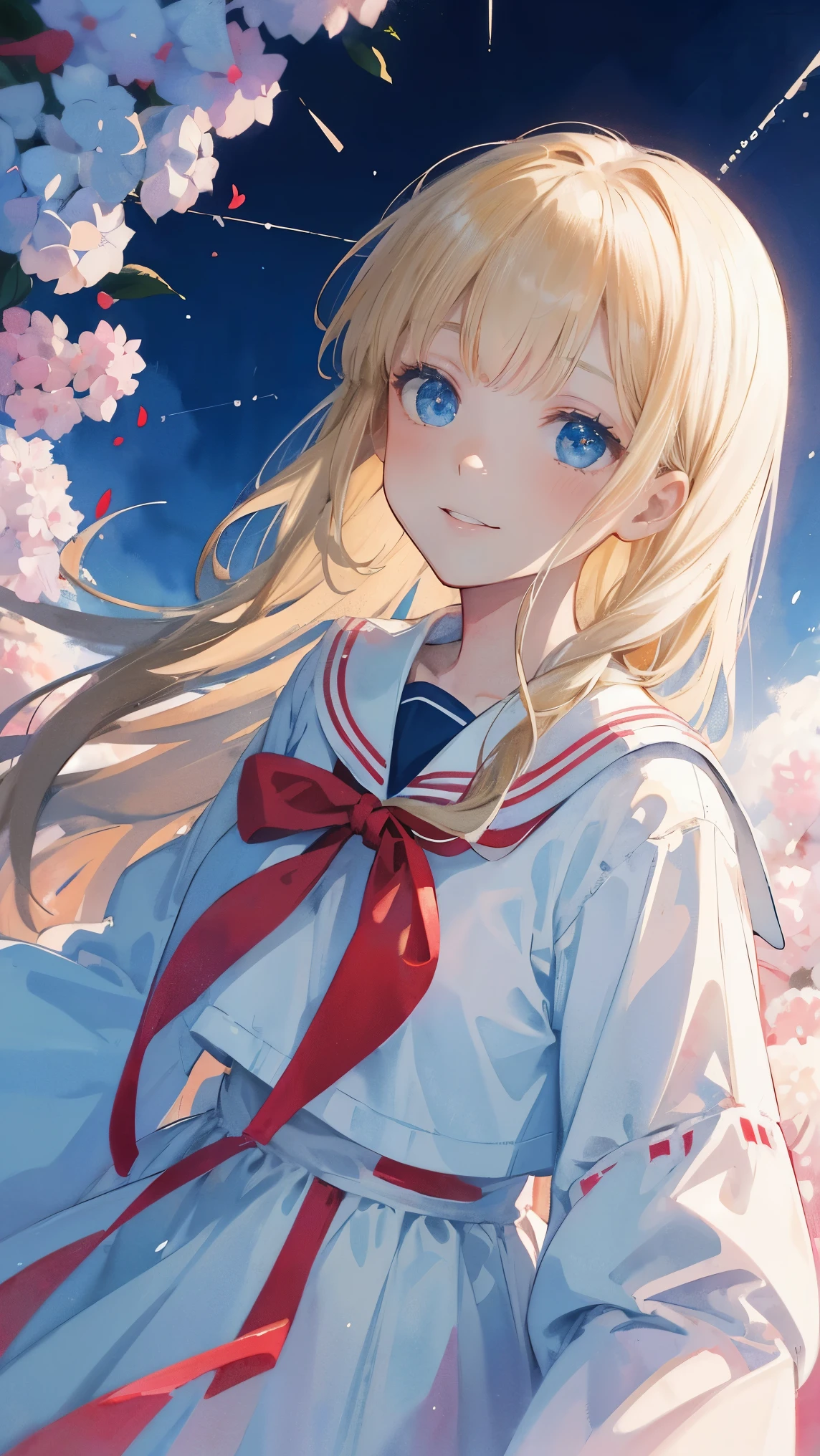 Best Quality,masterpiece,Watercolor style,girl,blonde,blue eyes,White Dress,Red Ribbon Hydrangea,after the rain,rainbow,Looking up at the sky,smile,The light spreads,White Dress,Sailor collar,Long sleeve,Dark blue on the cuff,The line is on the cuff,,Shortcuts,