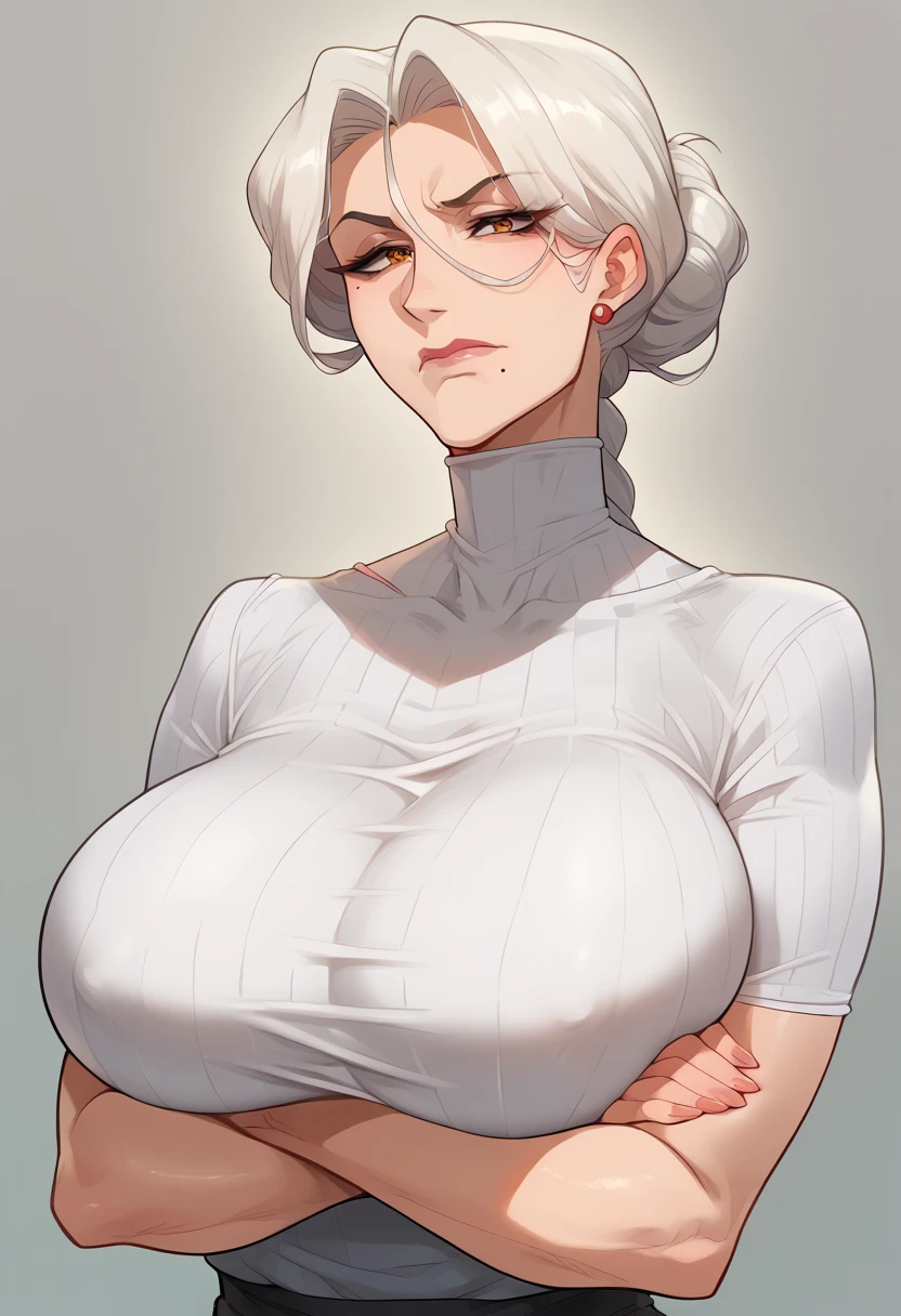 Hyper realistic, mother, gilf, mature female, perfect face, perfect lighting,, sexy female, closed mouth, beauty mark, thicc, huge breasts, High neck half sleeve white ribbed knit T-shirt(loose)、黒いロングスカート、胸の下で腕を組む、crossed arms under breasts