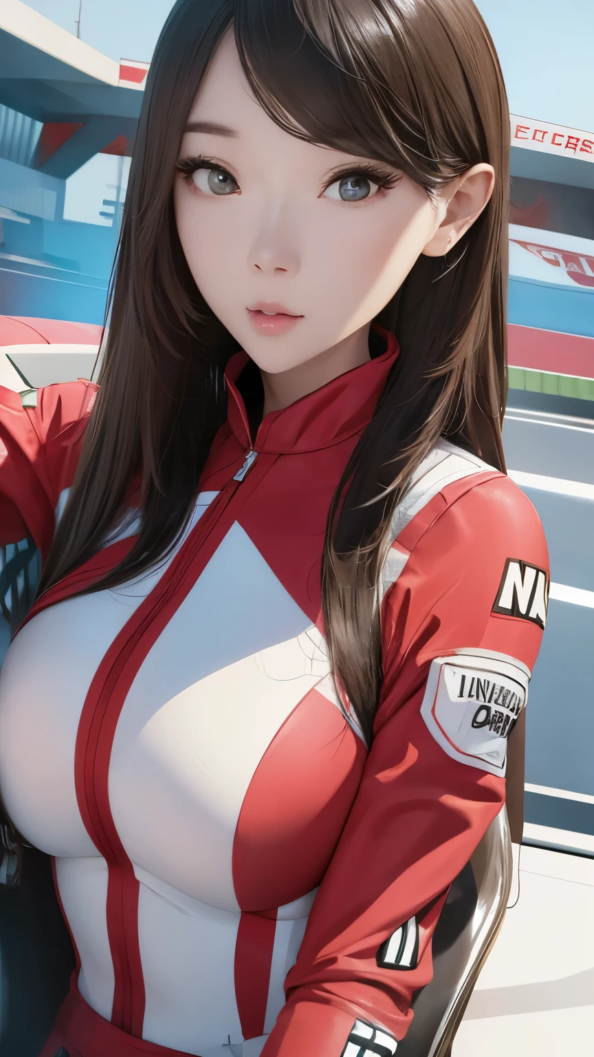 a beautiful korean idol girl, wearing a racing suit, posing in front of the camera, highly detailed and realistic portrait, 8k resolution, best quality, extremely detailed facial features, complex skin textures, professional lighting