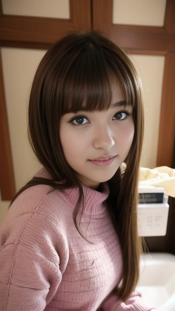 arafed woman with long brown hair and a sweater posing for a picture, Yoshitomo Nara, 🚿🗝📝, kemonomimi, Chiho, deayam to whom, brown hair and bangs, sakimichan, ayami kojima amano, brown hair with bangs, sakimi-chan, with bangs