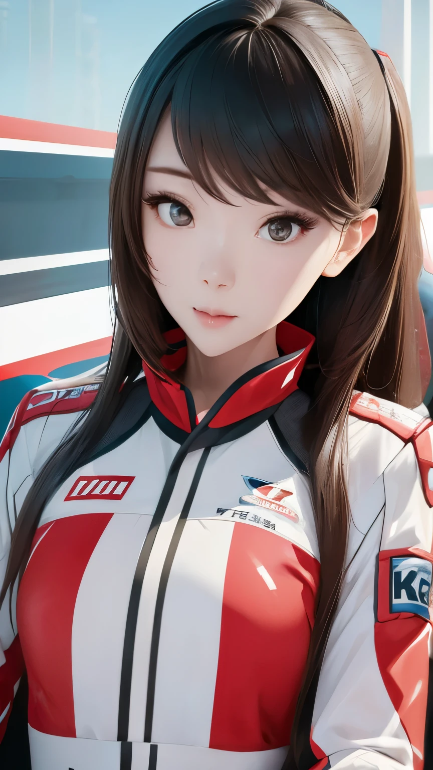 a beautiful korean idol girl, wearing a racing suit, posing in front of the camera, highly detailed and realistic portrait, 8k resolution, best quality, extremely detailed facial features, complex skin textures, professional lighting