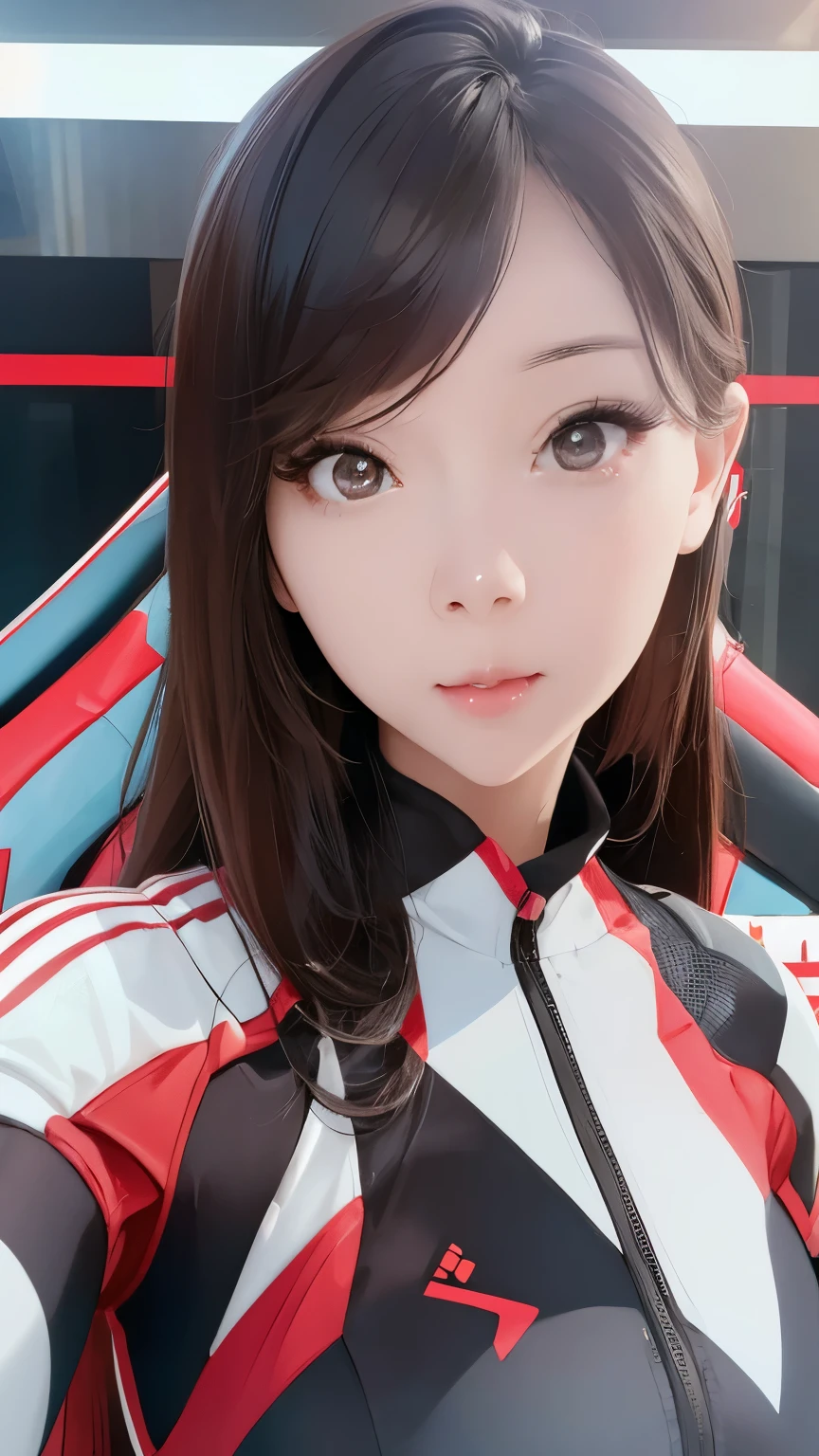 a beautiful korean idol girl, wearing a racing suit, posing in front of the camera, highly detailed and realistic portrait, 8k resolution, best quality, extremely detailed facial features, complex skin textures, professional lighting