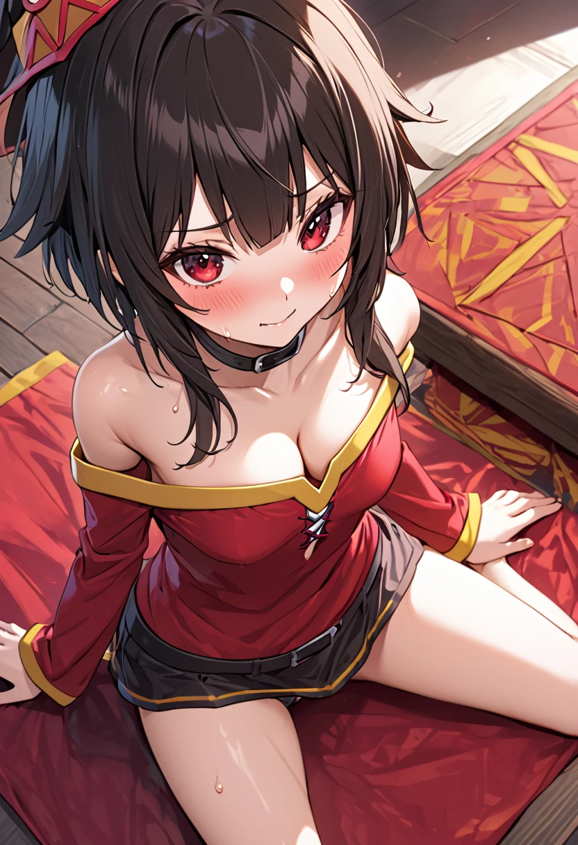 (nsfw:1.2)、(masterpiece、Best Quality、Super detailed、Anime-like、Tabletop、Detailed face、cute)、Age 15、(((sweat)))、KonoSuba、Megumin、Black short hair、Red eyes、Sexy pose、Cleavage、Black panties、cute、(((Masturbation)))