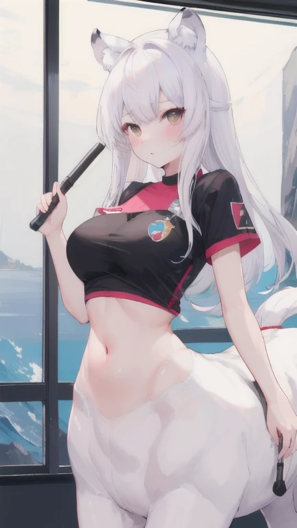 (best quality, masterpiece), 1 girl, centaur, It takes, White skin, Korean , Smiling, Athletic Competition, exposing the abdomen,belly button t-shirt, 아름다운 소녀 perfect white tiger photo, perfect white tiger photo