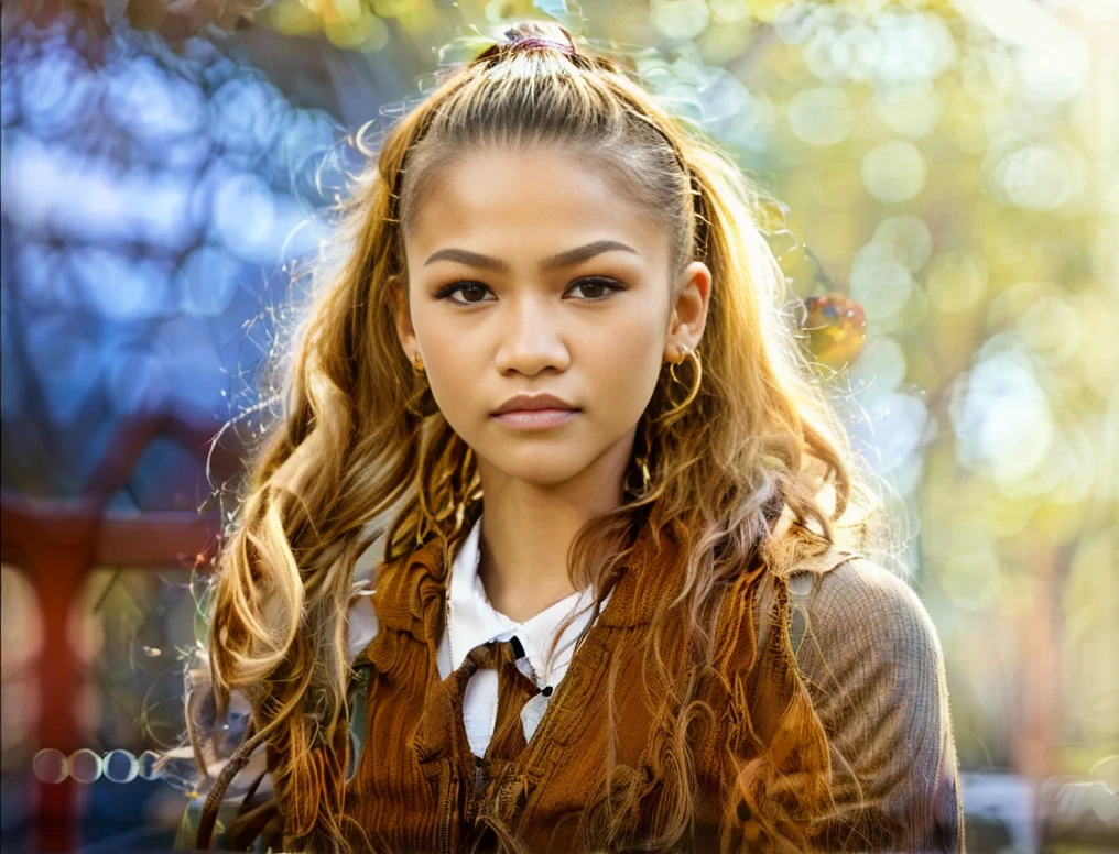 (zendaya:.4), (32k:1.5, Highest quality, masterpiece, Ultra-high resolution), Professional camera work:1.6, Highly detailed skin and face textures:1.3, Captivating portrait:1.2, Very accurate, Very detailed, 1 adult female, ((in the park:1.4)), Incredibly slim body, sense of loss, Sadness, Expressions of sadness,  Small face, ((ponytail:1.3)), (medium shot), 