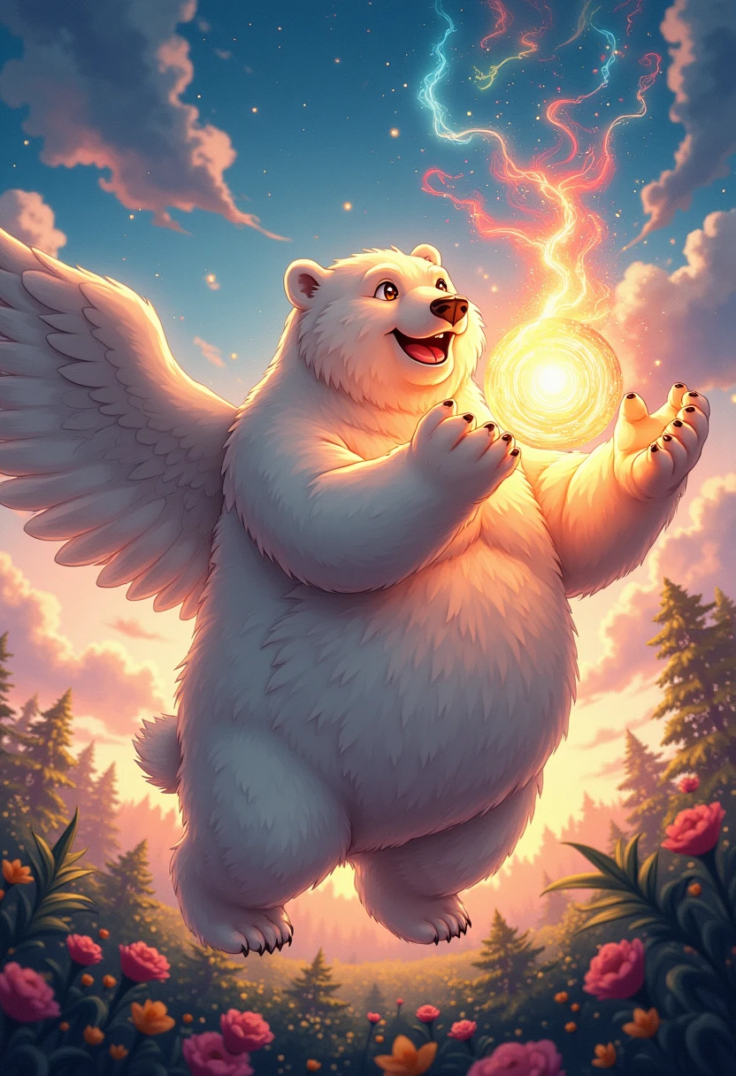 chibi, angel, a plump middle-aged polar bear man, angel wings, happy, light smile, rushing wind, hold with both hands quantum electromagnetic life form sacred sphere, spinning fly, cute pose, detailed painting landscape, twilight, kaleidoscopic swirls, outdoor, BREAK full body in Michelangelo Buonarroti style, digital illustration anime, character focus, full body, looking away, dynamic angle, niji6, niji5, BREAK complete anatomy, perfect proportions, beautiful thigh gap, fluffy body, intricate fur details, beautiful fur texture, BREAK detailed bear tail, detailed toe, 5toes, 5toes nails, beautiful foot, detailed hands, 5fingers, 5fingers nails, BREAK cute face, aesthetic anime face, insanity detailed face, male face, big face, square jawline, aesthetic anime eyes, detailed brown eyes, detailed brown cornea, detailed dark brown irises, detailed pupils, male eyes, big eyes, male eyebrows, innocent look, beautiful beard, BREAK masterpiece, official art, best quality, very aesthetic, absurdres, super fine illustration, great quality, BREAK noise reduction, very highres, large filesize, high quality, 32K, 8k wallpaper, dynamic lighting, BREAK insanity detailed, ultra detailed, intricate details, extremely detailed, detailed texture, an extremely delicate and beautiful, full color, HDR, BREAK e621, Fur Affinity illustration, osukemo, kemohomo, anthropomorphic, furry, cartoon, harmonious eyes, pastoral face, virtuous body, epic atmosphere 