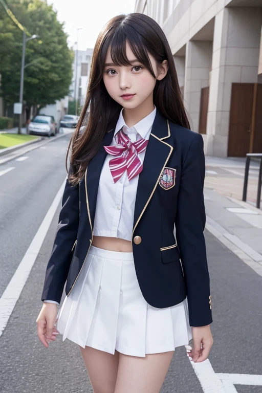 Young, elementary school student, black hair, short pigtails, uniform, legs spread, genitals exposed, smiling
