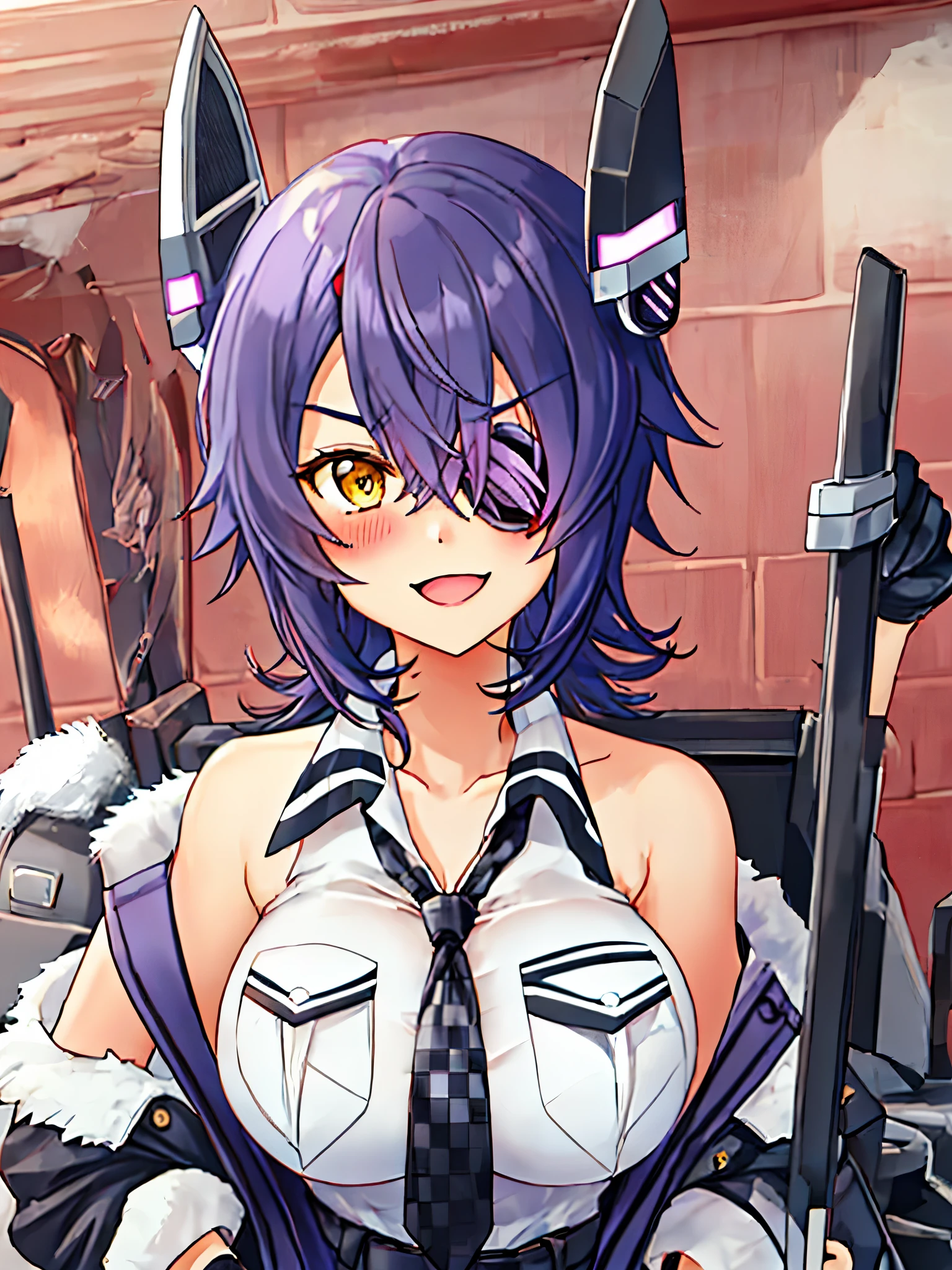 masterpiece, best quality, integrated scenery, integrated background, extremely delicate and beautiful, meticulous details, good composition, , cute face, perfect face,best quality, solo, {tenryuu_kantaicollection:1.15}, teen_girl, eyepatch, short_hair, purple_hair, yellow_eyes, headgear, breasts, necktie, big_breasts, smile, 1girl, blush, checkered_necktie, hair_over_one_eye, shirt, portrait, white_shirt, jacket, sleeveless, fur-trimmed_jacket, fur_trim, collarbone, looking_at_viewer, pocket, breast_pocket, messy_hair,harbor_road_landscape_background,outdoor,cleavage,solo,XD,open_mouth,