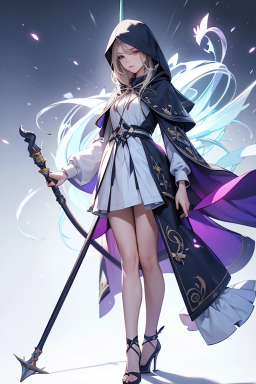 Best Quality、masterpiece、High sensitivity、High resolution、Detailed Description、Delicate facial depiction、Slender woman、Magical Girl、Hooded jacket、Walking stick、Colorful 、High heels、