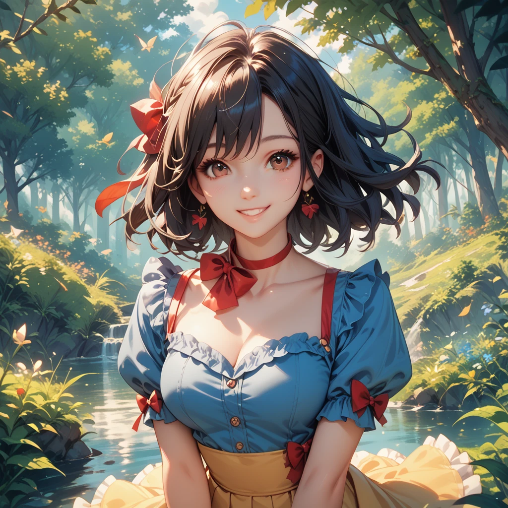 1woman, long black hair, brown eyes, blue top with puffy sleeves, Flowy yellow skirt, red bow in her hair, beautiful spring scenery on a forest clearing, sunshine, Smiling