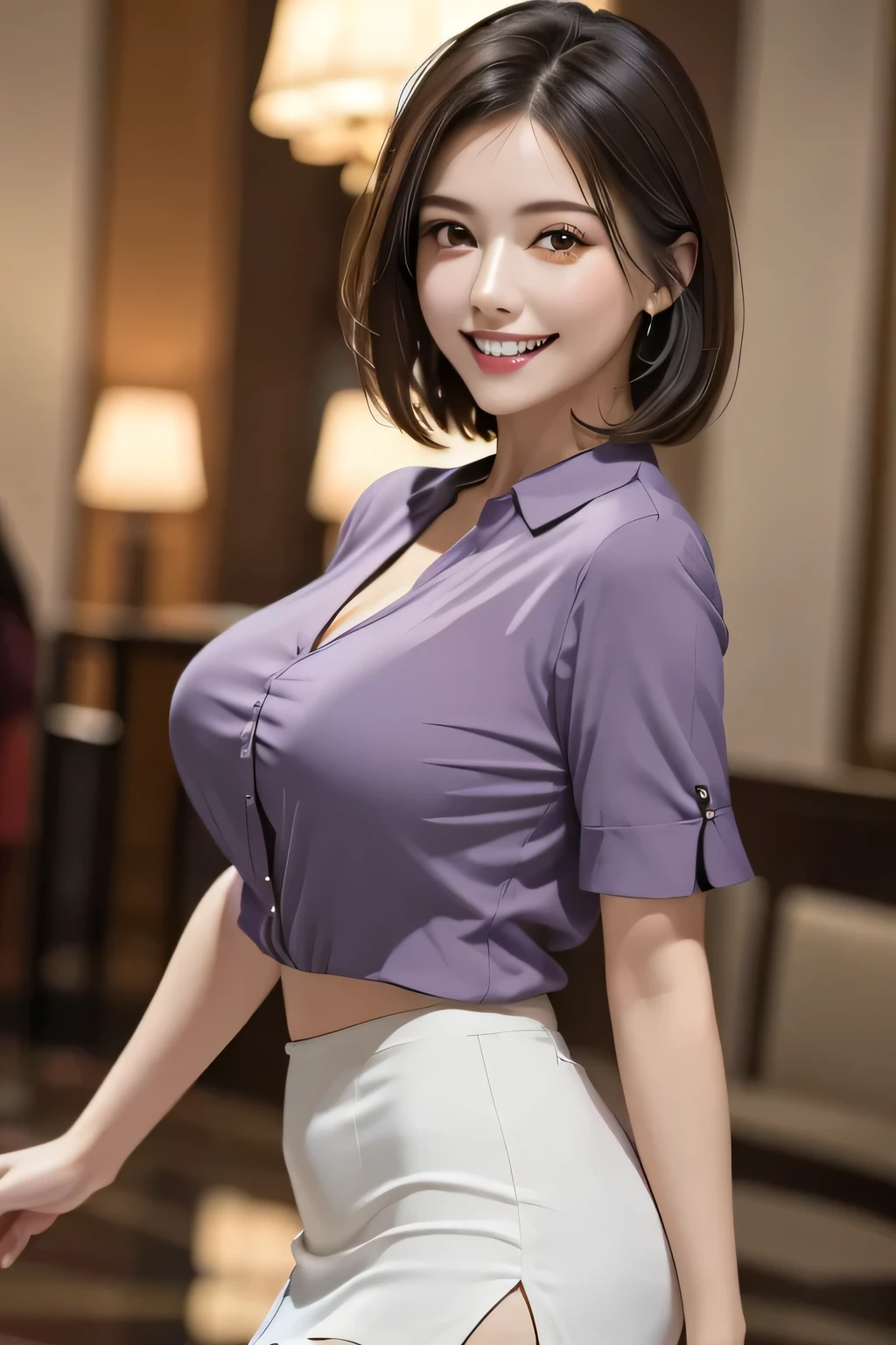 (masterpiece), (Best Quality), (Realistic), (Very detailed), (photoRealistic), (1 The Ultimate Beautiful Woman), Very detailedな顔, Beautiful brown eyes, double eyelid, Slightly thick detailed lip, Short black hair, (Grin, Beautiful teeth alignment), (Light purple blouse), (Red tight mini skirt), (Big Breasts), Erotic, sexual excitement, Thighs, Perfect lighting, ((background: Hotel Lobby)), ((Cowboy Shot))