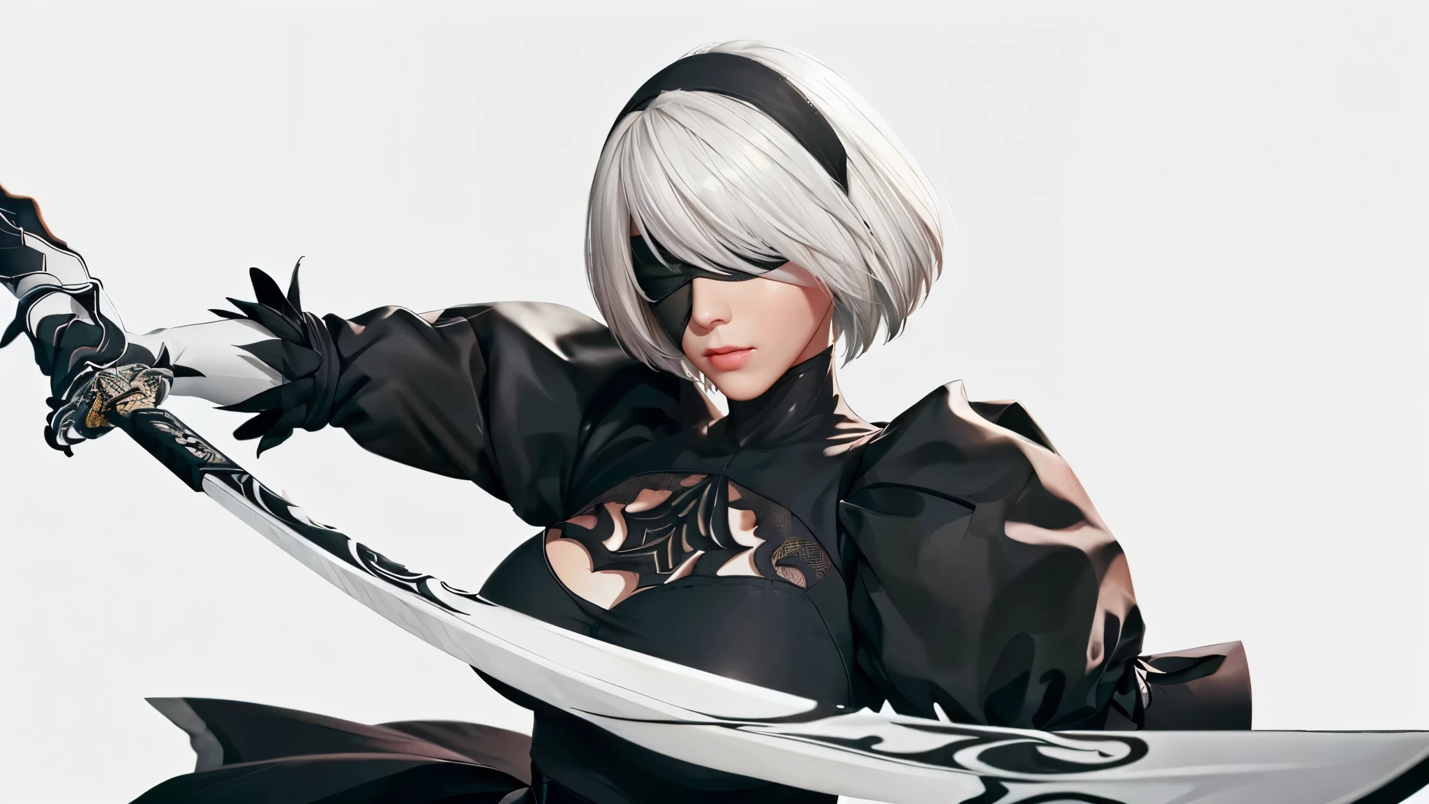 (（（figure，御姐figure,White and tender skin,（（black skirt，）））,,(（（n_2b,Blindfold, black eye mask, with short white hair，Wears a black eye patch，））),,((masterpiece)),highres,((Best quality at best)),masterpiece,quality,Best quality,(（（ Exquisite facial features,For the audience,））），Huge breasts，A girl，Holding a sword）））