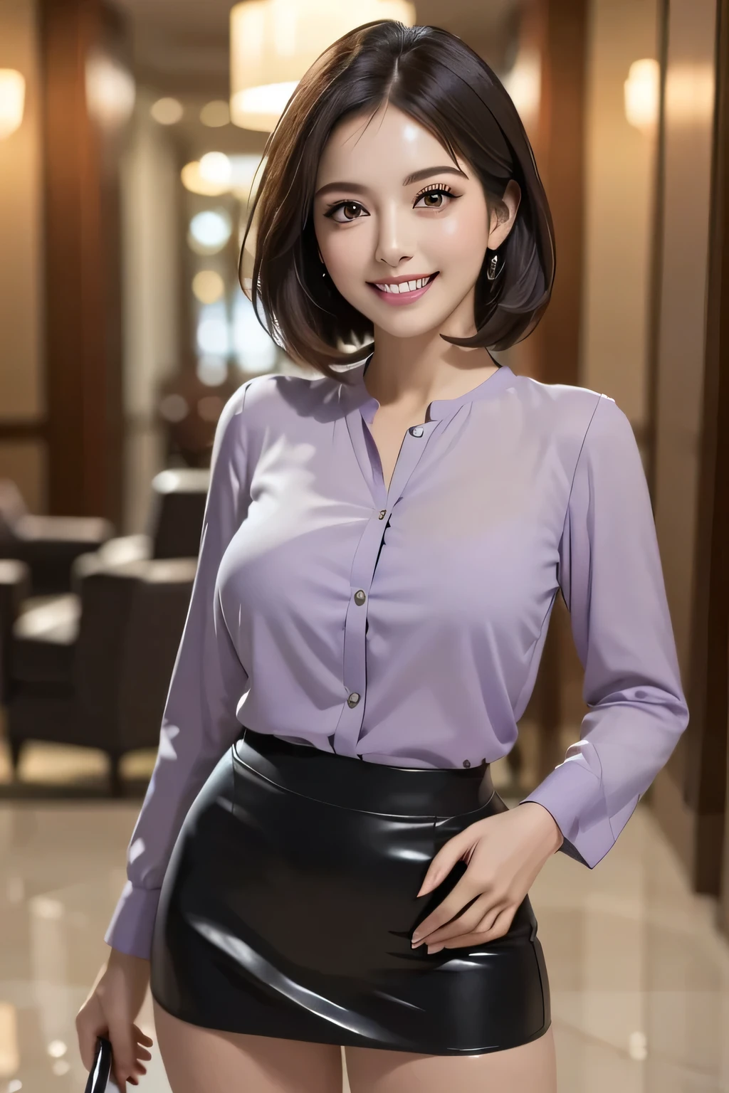 (masterpiece), (Best Quality), (Realistic), (Very detailed), (photoRealistic), (1 The Ultimate Beautiful Woman), Very detailedな顔, Beautiful brown eyes, double eyelid, Slightly thick detailed lip, Short black hair, (Grin, Beautiful teeth alignment), (Light purple blouse), (Red tight mini skirt), (Big Breasts), Erotic, sexual excitement, Thighs, Perfect lighting, ((background: Hotel Lobby)), ((Cowboy Shot))