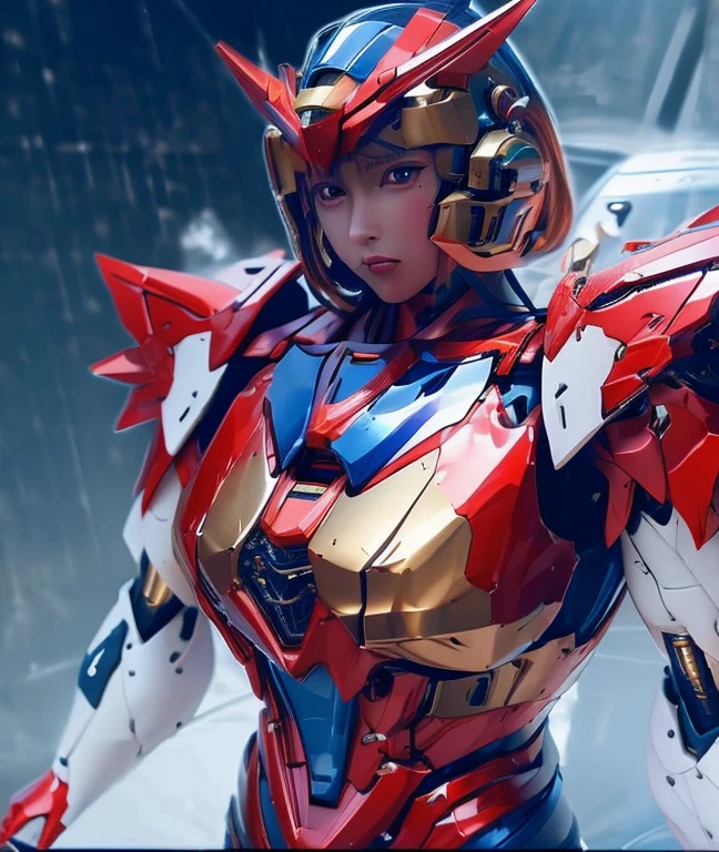 Face facing front, high end Textured skin, Super Detail, Attention to detail, high quality, 最high quality, High resolution, 1080P, hard disk, beautiful rare japanese girl,(gundam),Beautiful cyborg woman,Mecha Cyborg Girl,Battle Mode,Girl with a mechanical body,She wears a futuristic metalic chrome mate gundam mecha, gundam god steel wings, Full Body Shot, 8k