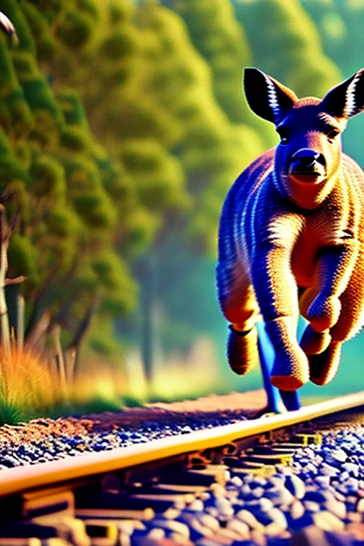 muscular kangaroos, 2 kangaroos, wearing thick diapers, hopping along railroad track, highly detailed, 8k, photorealistic, cinematic lighting, surreal, fantasy, whimsical, colorful, vibrant colors