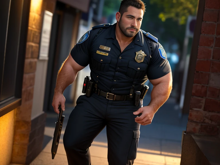 Highly detailed, [Portrait-photojournalism]. alpha male policeman, heavyweight, (rugged handsome masculine face:1.5), skinhead, (tailored cop uniform:1.3), leather gloves, high quality, ambient light, musclebear, brutalmass, masculinity