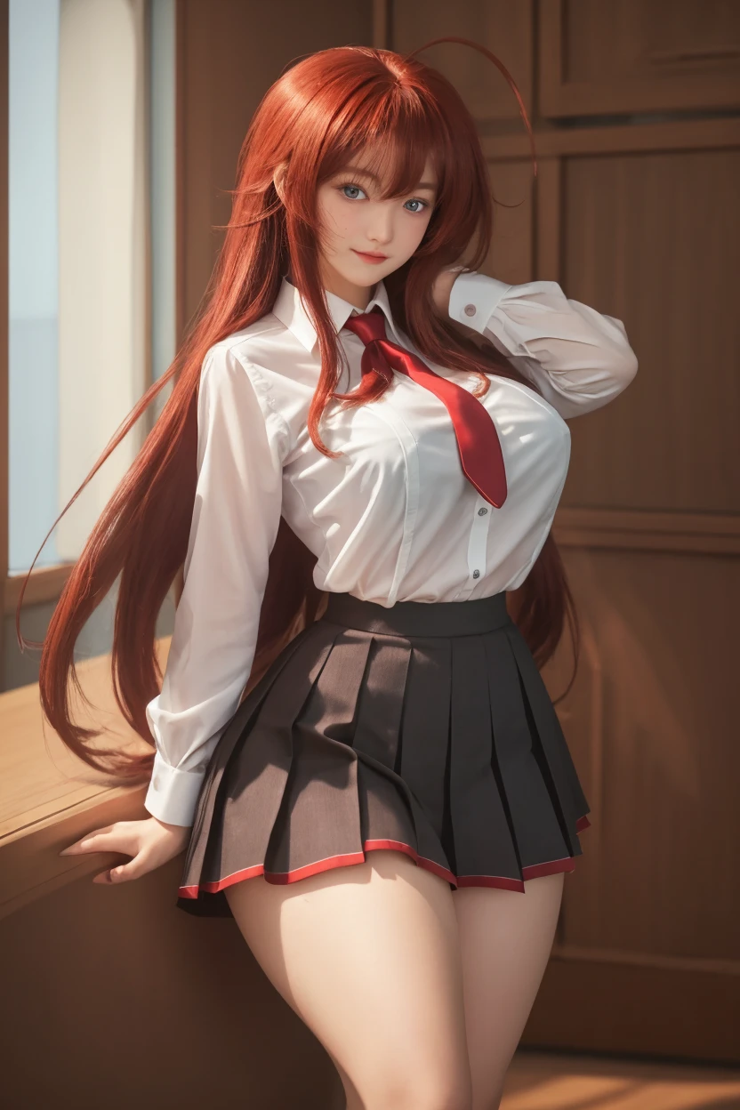 (best quality, masterpiece, highest detailed), (photorealistic:1.2), raw photo, (rias gremory),sexy, big breasts, in classroom,mini skirt, unbottoned shirt, (vibrant color), (intricate details), (dynamic angle)