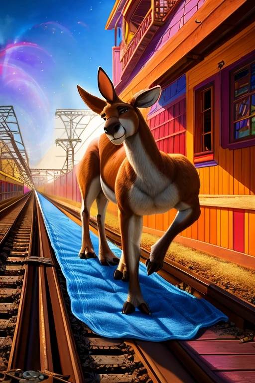 muscular kangaroos, 2 kangaroos, wearing thick diapers, hopping along railroad track, highly detailed, 8k, photorealistic, cinematic lighting, surreal, fantasy, whimsical, colorful, vibrant colors