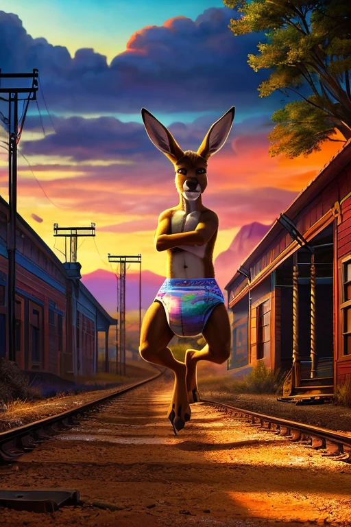 muscular kangaroos, 2 kangaroos, wearing thick diapers, hopping along railroad track, highly detailed, 8k, photorealistic, cinematic lighting, surreal, fantasy, whimsical, colorful, vibrant colors