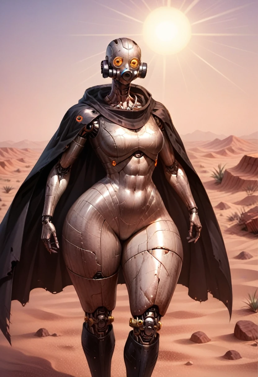 A close-up of an autonomous machine with a human body, metallic skin, white skin, titanium frame, mechanical eyes, big eyes, huge ass, Wide hips, fleshy legs, thick thighs , (The best quality), masterpiece, metal body, metal arms, metal legs, gestalt consciousness, automata, corrupt machine, wires around his body, horror, ghost, tall, lost look, depressed, (She is wearing an old leather cloak that covers her entire body along with a gas mask that covers her face.), (worn leather high boots) , She carries a backpack on her back, (ultra high Bloom), (high-contrast), (High quality Shaders), (Ultra shadow quality), (sun rays) (hyperrealism), (She is lost in a desert of sand), expressionless face, rusty body, your skin is falling off 