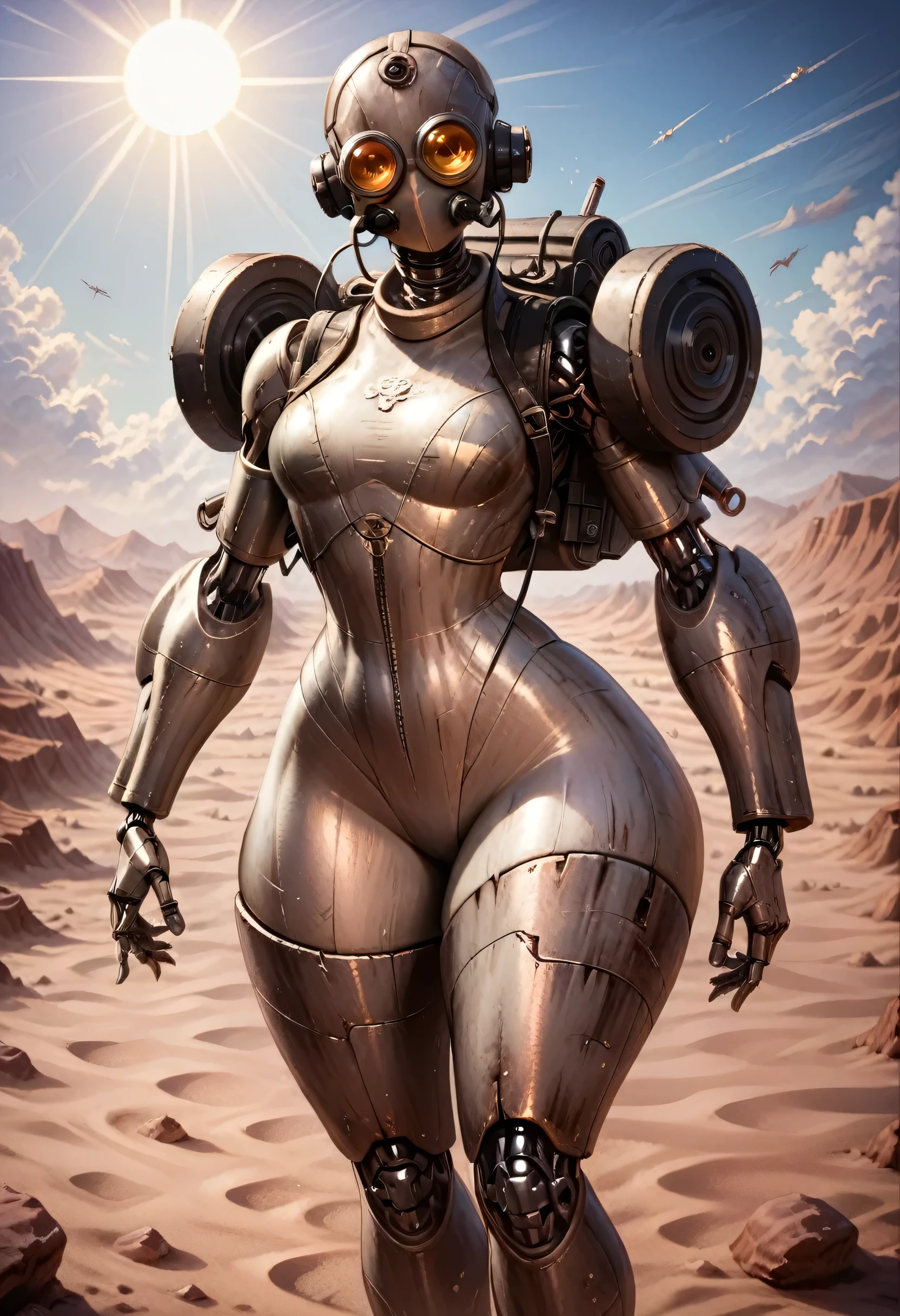 An autonomous machine with a physical body, metallic skin, white skin, titanium frame, mechanical eyes, big eyes, huge ass, Wide hips, fleshy legs, thick thighs , (The best quality), masterpiece, metal body, metal arms, metal legs, gestalt consciousness, automata, corrupt machine, wires around his body, horror, ghost, tall, lost look, depressed, (She is wearing an old leather cloak that covers her entire body along with a gas mask that covers her face.), (worn leather high boots) , She carries a backpack on her back, (ultra high Bloom), (high-contrast), (High quality Shaders), (Ultra shadow quality), (sun rays) (hyperrealism), (She is lost in a desert of sand), expressionless face, rusty body, your skin is falling off 