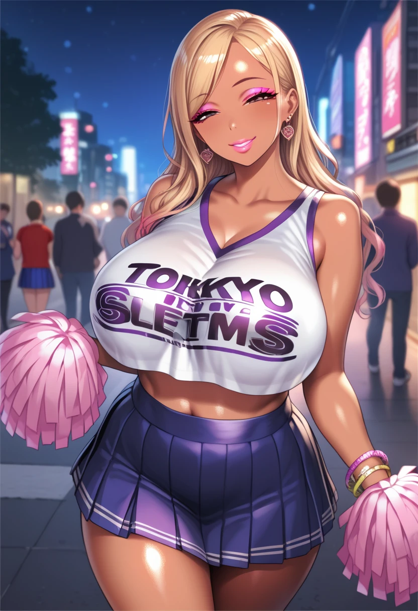 CorruptR, makeup, eyeshadow,half-closed eyes, empty eyes,shiny skin, shiny clothes., gyaru, solo, 1girl,  makeup, tan skin, whore, prostitute, Mature female, huge breasts, wide hips, thick thighs, upper body, BREAK gyaru mama, cheerleader, clothes writing, crop top, sleeveless shirt, midriff, miniskirt, pleated skirt, holding pom poms, walking, sideview, pink lips, long eyelashes, pink eyeshadow, looking at viewer, pov, outdoors, tokyo \(city\), night time, blurry background, city lights, neon lights, covered nipples, bracelet, seductive smile, collarbone