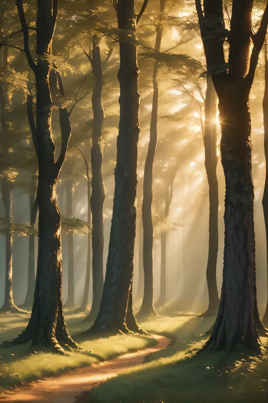 Create a stunning piece of digital art，Capture the tranquil beauty of an ancient forest at dusk. The scene should feature towering trees bathed in soft, Golden light shines through the leaves, Casts soft shadows on dense bushes. The image should evoke a sense of serenity and wonder, Immerse viewers in the fascinating world of nature.