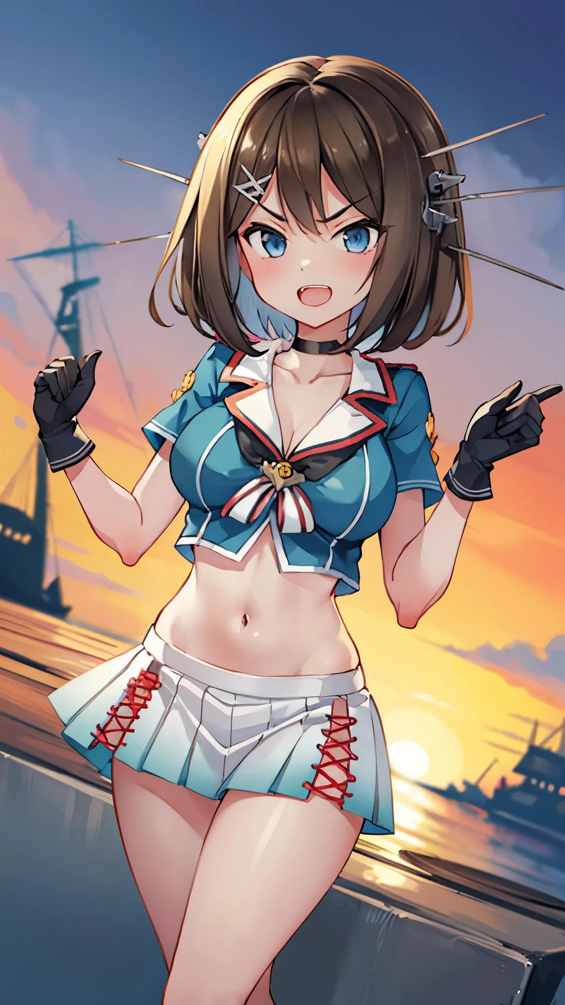 best quality, integrated scenery, integrated background, extremely delicate and beautiful, meticulous details, good composition, , cute face, perfect face, perfect hands,an anime style ,1young__ girl, brown_hair, medium_bob_hair, blue_midriff_baring_sailor_uniform, mini_skirt, short_sleeve, thighs, large_breasts, (angry_eyebrows:0.8),big_smile,nihil,standing,open_legs,large_eyes, harbor_background, slightly_spread_legs, happiness, short_gloves,headgear,open_mouth,
