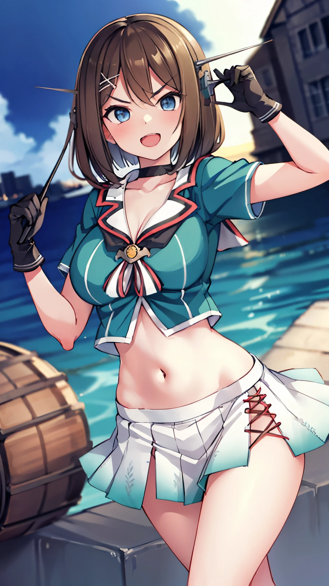 best quality, integrated scenery, integrated background, extremely delicate and beautiful, meticulous details, good composition, , cute face, perfect face, perfect hands,an anime style  ,1young_teen_ girl, brown_hair, medium_bob_hair, blue_midriff_baring_sailor_uniform, mini_skirt, short_sleeve, thighs, large_breasts, (angry_eyebrows:0.8),big_smile,nihil,standing,open_legs,large_eyes, harbor_background, slightly_spread_legs, happiness, short_gloves,headgear,open_mouth, 