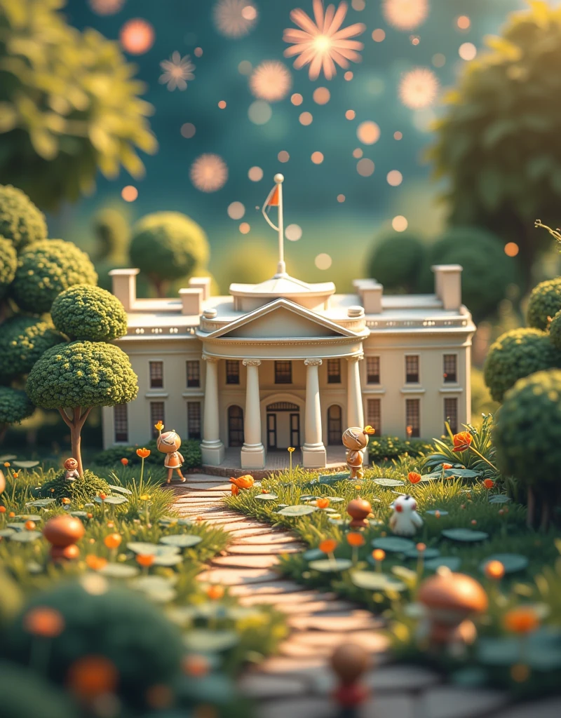 Super cute clay world，Fireworks，Isometric view of the White House, USA,Cute clay stop motion animation,Features,Tilt action,Excellent lighting effects,landscape,3D,Brush Rendering,3D Effects,Super Detail