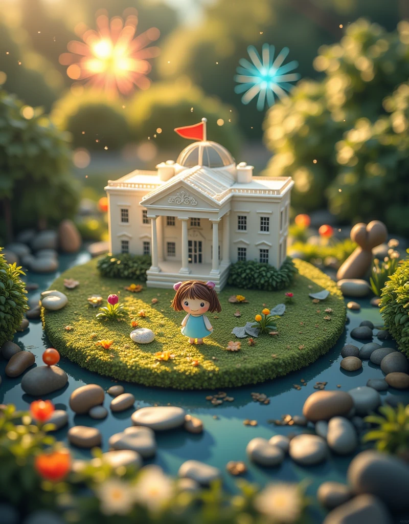 Super cute clay world，Fireworks，Isometric view of the White House, USA,Cute clay stop motion animation,Features,Tilt action,Excellent lighting effects,landscape,3D,Brush Rendering,3D Effects,Super Detail