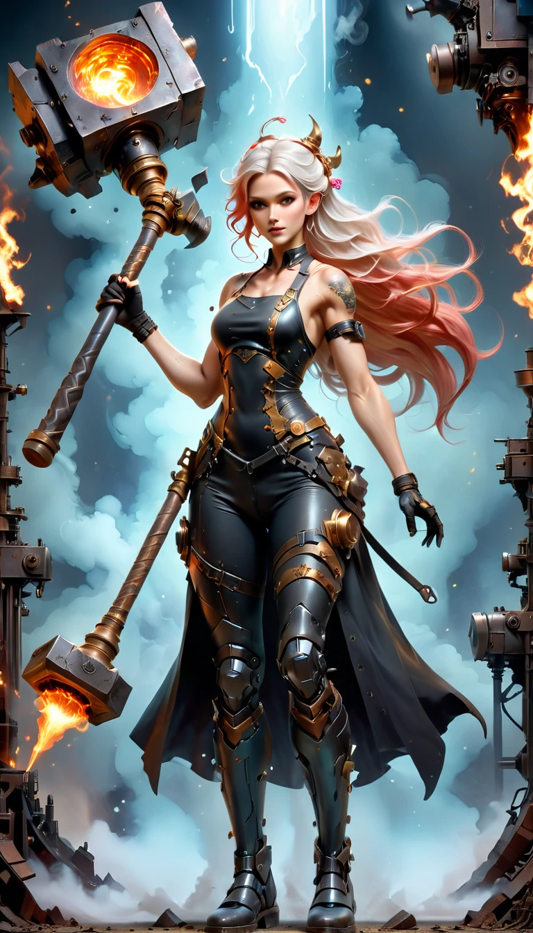 (sfw), (wide angle), 1woman, goddess of the forge, Hephaestus, ((blacksmith woman)), middle-aged woman in her 40s, well toned physique, ((medium length wavy with crimson roots fading to black tips)), burn scars on chest and arms, (wearing leather apron, apron with glowing symbols), (tight black button up shirt) , (wearing skin tight white leggings), (wearing flat heeled black work boots), ((swings a huge smithy hammer in one hand, over her head)), smith's hammer is glowing green, she stands at an angelic anvil, (set inside a massive robotic factory:1.37), ((high resolution)), intricately detailed facial features, detailed piercing eyes, refined jawline, masterpiece, 8k, ((hyper realistic)), 3/4 profile view, cinematic lighting, dramatic shadows, warm color tones, intricate details, hyper-detailed, battle hammer, hyperkraximalism, spl1th41r, two tone hair,