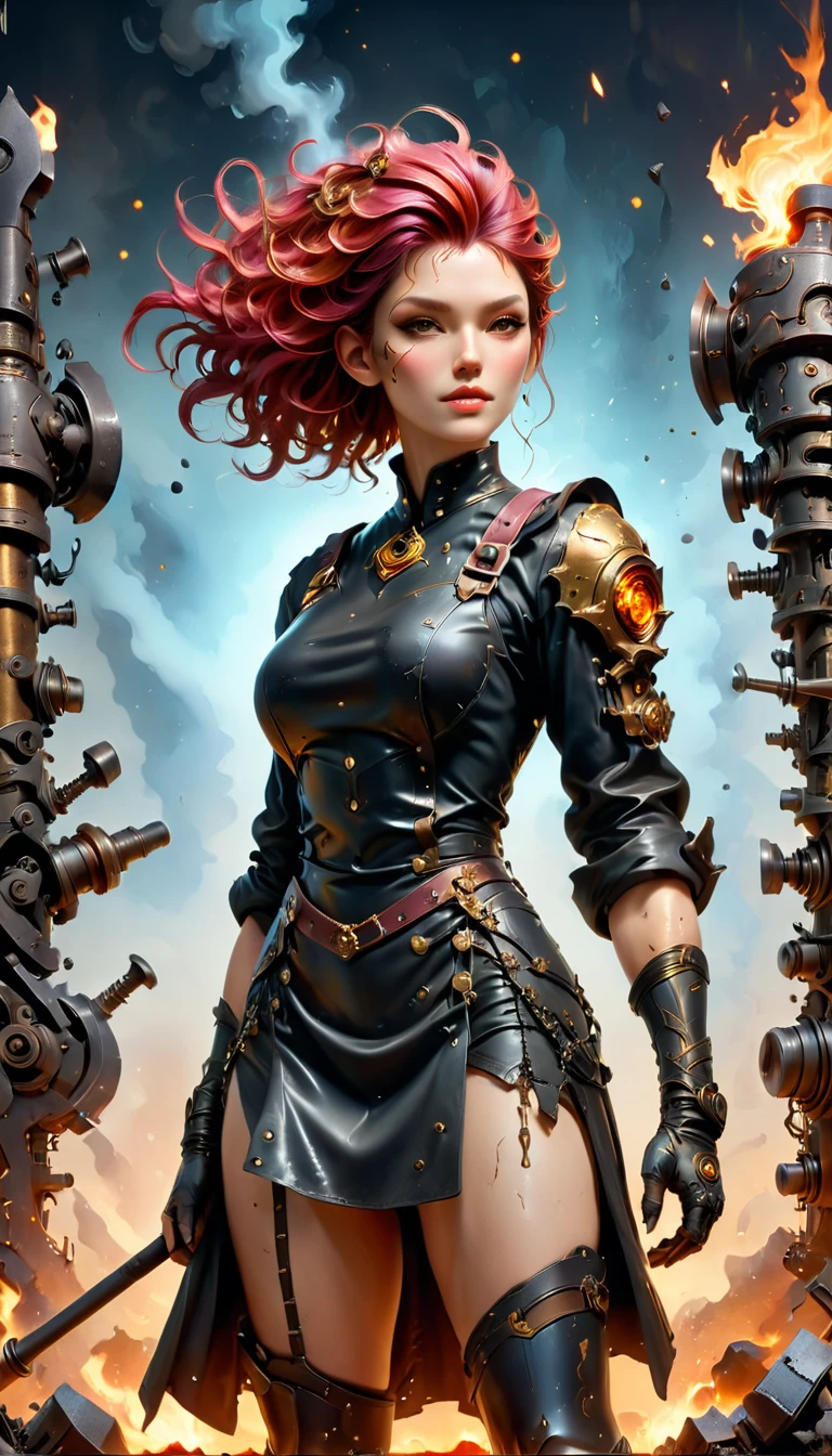 (sfw), (wide angle), 1woman, goddess of the forge, Hephaestus, ((blacksmith woman)), middle-aged woman in her 40s, well toned physique, ((medium length wavy with crimson roots fading to black tips)), burn scars on chest and arms, (wearing leather apron, apron with glowing symbols), (tight black button up shirt) , (wearing skin tight white leggings), (wearing flat heeled black work boots), ((swings a huge smithy hammer in one hand, over her head)), smith's hammer is glowing green, she stands at an angelic anvil, (set inside a massive robotic factory:1.37), ((high resolution)), intricately detailed facial features, detailed piercing eyes, refined jawline, masterpiece, 8k, ((hyper realistic)), 3/4 profile view, cinematic lighting, dramatic shadows, warm color tones, intricate details, hyper-detailed, battle hammer, hyperkraximalism, spl1th41r, two tone hair,