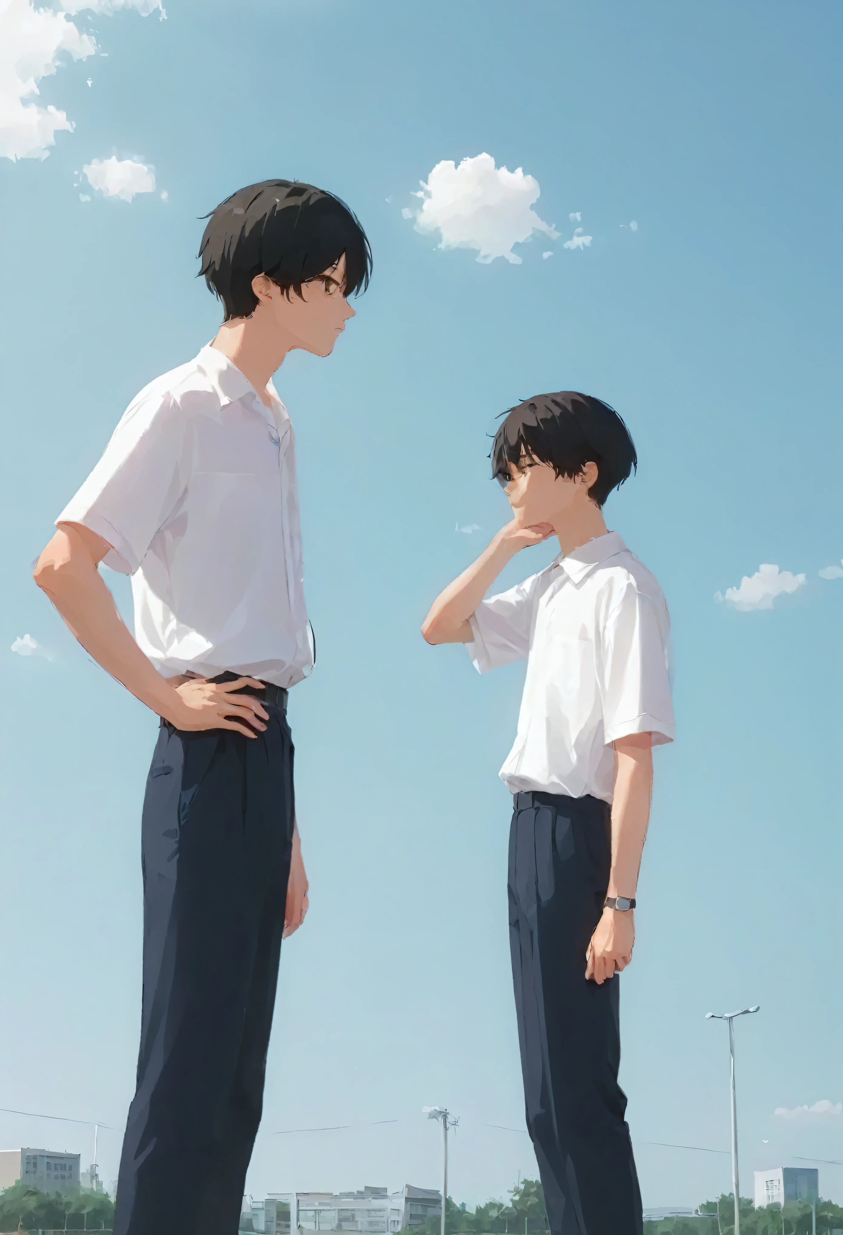 male、Two men、high school student、School uniform、Standing posture、whole body、Black Hair、Summer sunshine、study