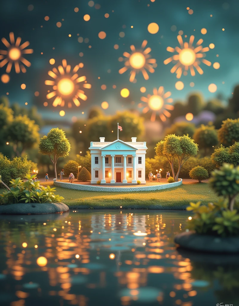 Super cute clay world，Fireworks，Isometric view of the White House, USA,Cute clay stop motion animation,Features,Tilt action,Excellent night effect,landscape,3D,Brush Rendering,3D Effects,Super Detail