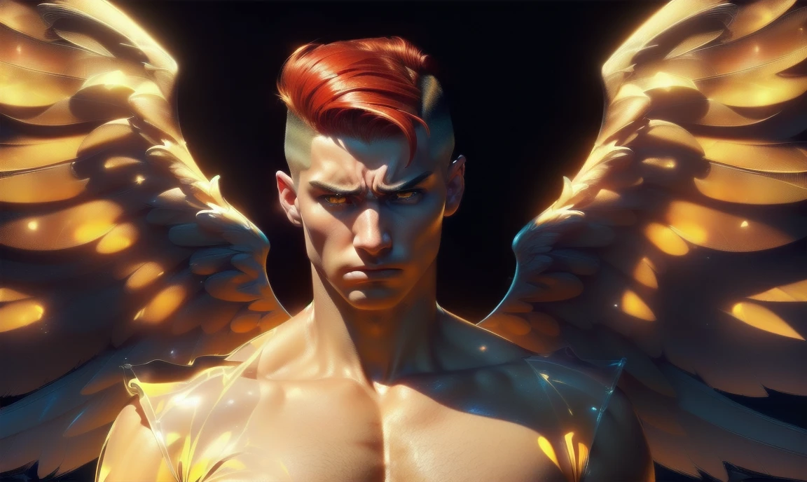 [((highly detailed, detailed eyes, detailed face, clear and realistic facial features, photorealistic, realistic light, cinematic, facing the viewer, close up)), (1 man), (((((Gorgeous beautiful male angel))))), (((two transparent barely-visible spirit wings, both wings showing behind his back))), ((((short sexy red hair in an undercut)))), ((((pale yellow eyes)))), ((24 years old)), ((wearing simple t-shirt)), (((aura of divine power))), (((((background is a darkened apartment at nighttime))))), ((light blush)), (((((wearing an annoyed and serious expression)))))]
