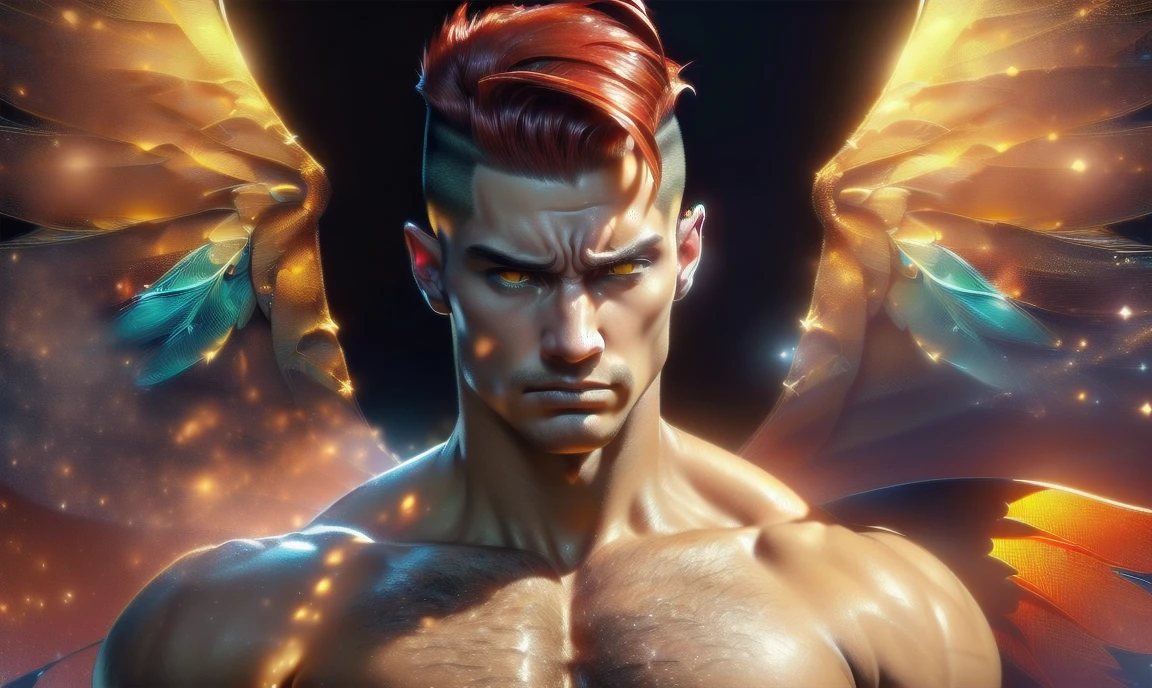 [((highly detailed, detailed eyes, detailed face, clear and realistic facial features, photorealistic, realistic light, cinematic, facing the viewer, close up)), (1 man), (((((Gorgeous sexy powerful masculine male angel))))), (((two transparent barely-visible spirit wings, both wings showing behind his back))), ((((short sexy red hair in an undercut)))), ((((pale yellow eyes)))), ((24 years old)), ((wearing simple t-shirt)), (((aura of divine power))), (((((background is a darkened apartment at nighttime))))), ((light blush)), (((((wearing an annoyed and serious expression)))))]
