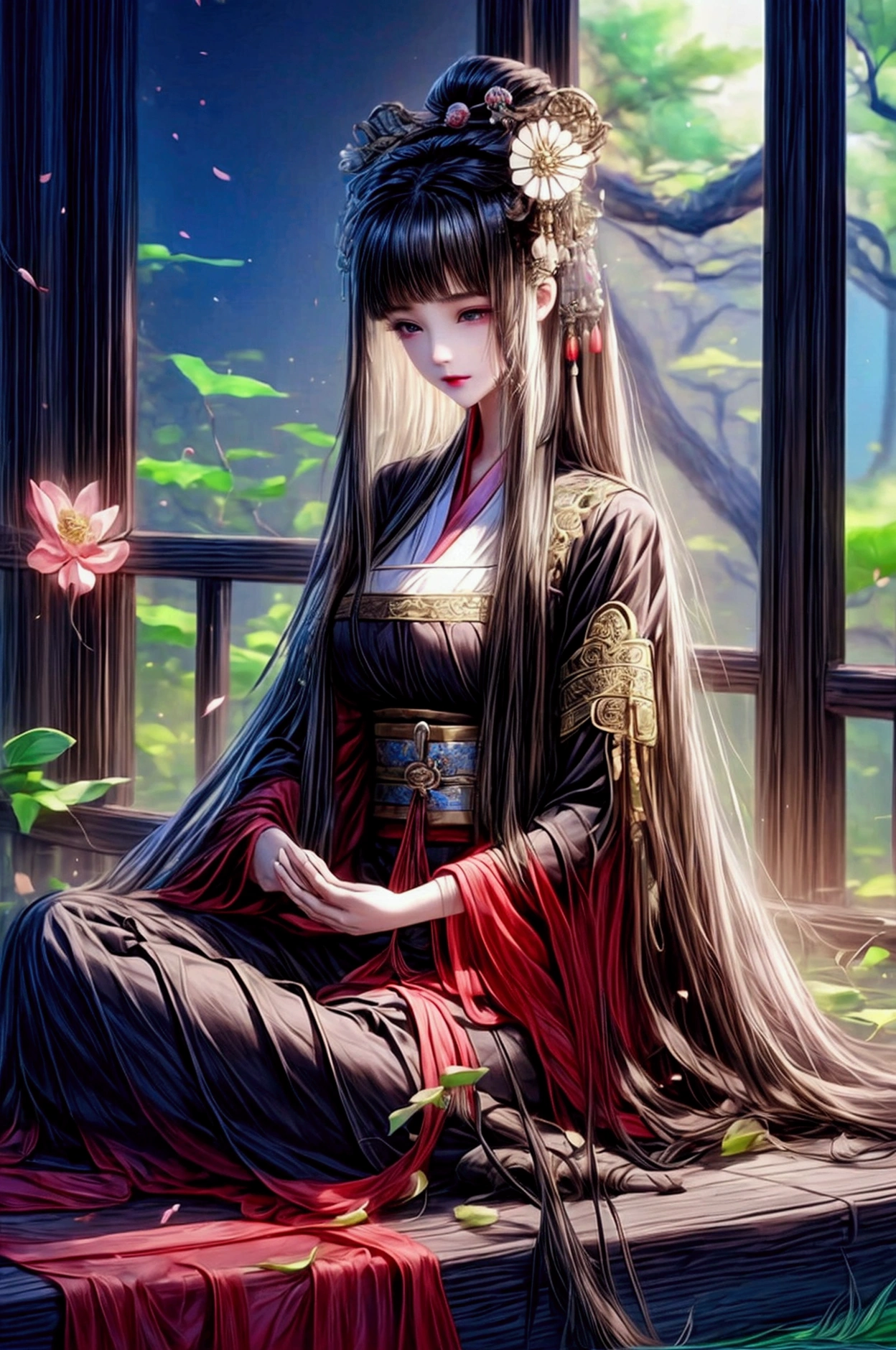 （masterpiece:1.3),(best quality:1.4),(actual:1a.4）,fantasy novel style,summer,Ancient Sanheyuan,garden,corridor,A Chinese woman,Bangs, long hair, headgear, Big breasts,Wearing a Tang style chest-length skirt,Embroidered Hanfu,