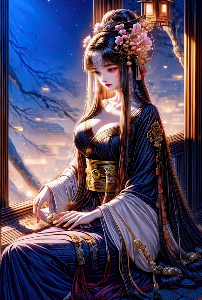 （masterpiece:1.3),(best quality:1.4),(actual:1a.4）,fantasy novel style,summer,Ancient Sanheyuan,garden,corridor,A Chinese woman,Bangs, long hair, headgear, Big breasts,Wearing a Tang style chest-length skirt,Embroidered Hanfu,