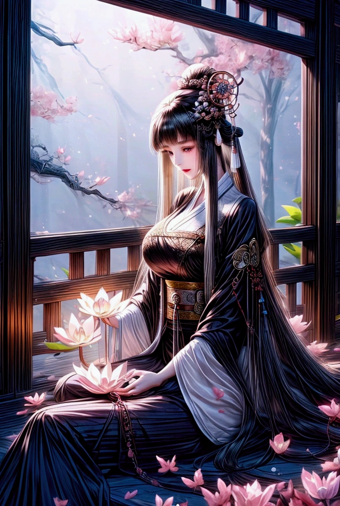 （masterpiece:1.3),(best quality:1.4),(actual:1a.4）,fantasy novel style,summer,Ancient Sanheyuan,garden,corridor,A Chinese woman,Bangs, long hair, headgear, Big breasts,Wearing a Tang style chest-length skirt,Embroidered Hanfu,