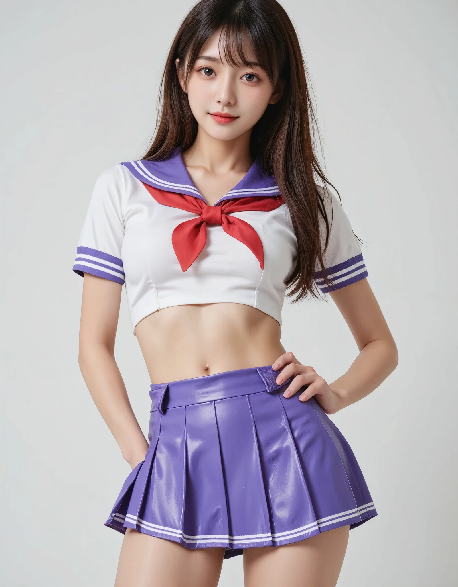 Super detailed, masterpiece, Ultra-high resolution,, Superior quality, Photogenic Clarity, Latex blue-purple rubber sailor suit, Mini Pleated Skirt, Red scarf, Japan&#39;s Top Idols, Full Body Shot, Medium Shot, Super detailedな美しい女性24歳, Slim body, F cup bust, Slim model body type,