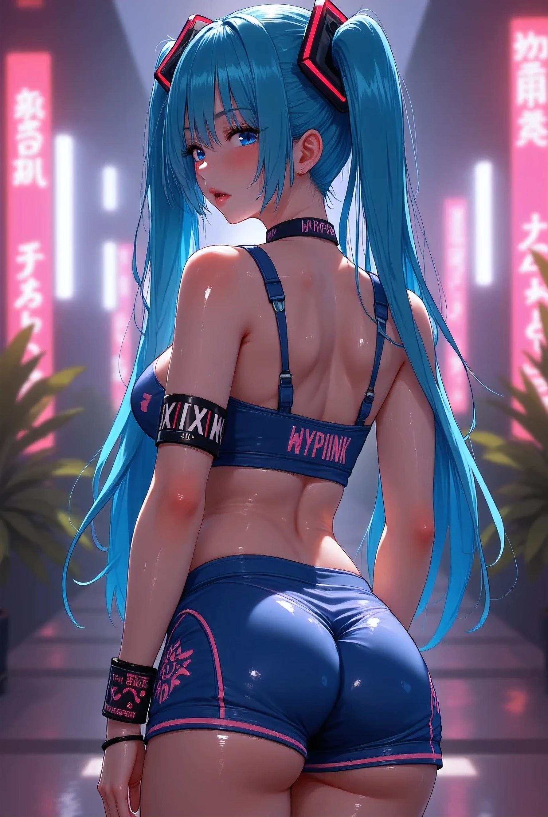 ((Hatsune Miku)), (heavy blushing), ((luminous design)), blue hair, blue eyes, seductive expression, (lewd), (ecchi), multicolored hair, underboob, (cyberpunk), (punk), neon skirt, neon sports bra, athletic, choker, rave, wristband, sexy, submissive, ((natural lighting)), (radiosity, ambient occlusion, anisotropic filtering), portrait, big juicy butt, from behind, 