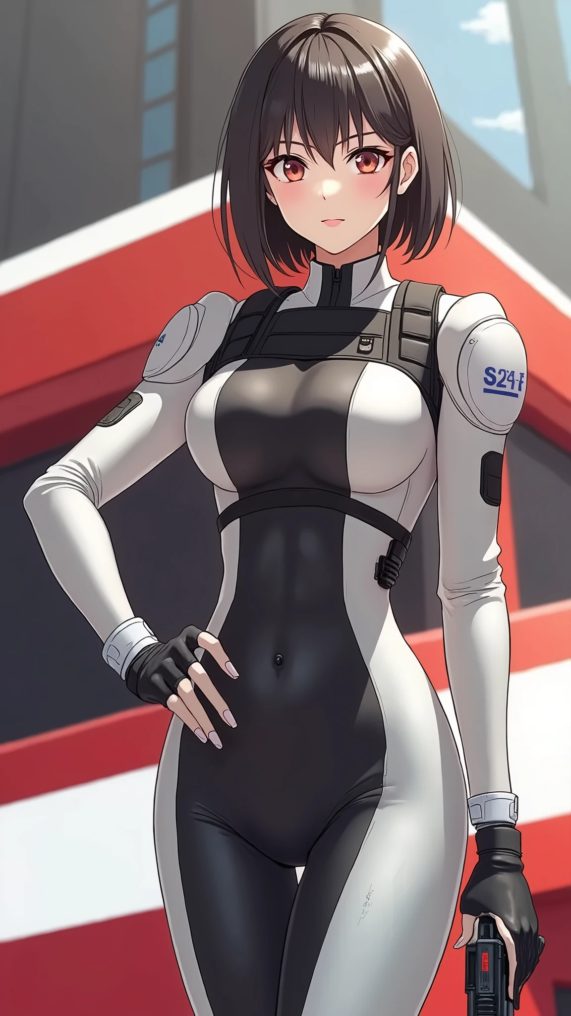 Fat face line, Makoto Niijima (Persona) Niijima Makoto (Persona), dark full bodysuit, laces, shoulder spikes
masterpiece, best quality, absurdres, ((Cylindrical body type)), Non-exposing bodysuit
((mature face)), ((big ass)), makoto niijima has become a mature woman, ((chubby upper body but small breasts)), 1girl, solo, ((height 150cm)), thick thighs, Bow legs, Beautiful face but chubby face, (((Chubby makoto niijima))), ((Stand up straight)), ((Full body)), (low head 1.5), A little chubby body type and small breasts, masterpiece, ((small breasts)), (thick legs), Full body+, Solo, Swollen face, 1 woman, thick thighs, solo, masterpiece, best quality, A chubby figure that seems real, smile, Middle-aged obesity, Persona 5 Battle body Suit