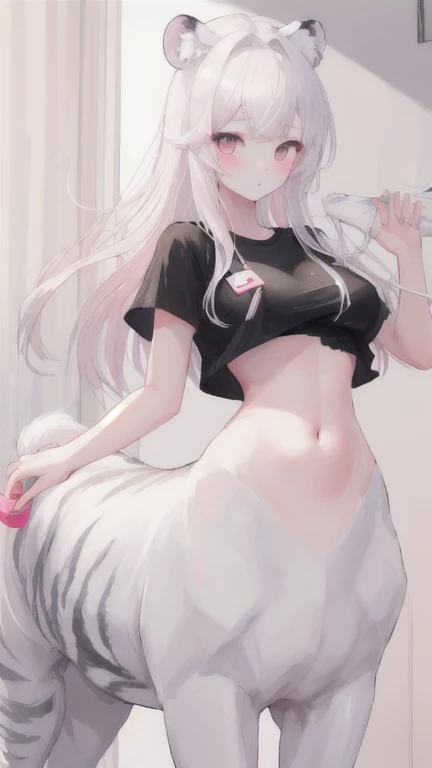 (best quality, masterpiece), 1 girl, centaur, It takes, White skin, Korean ,daughter, black pink,Smiling, exposing the abdomen, belly button t-shirt , 아름다운 소녀 perfect white tiger photo, perfect white tiger photo