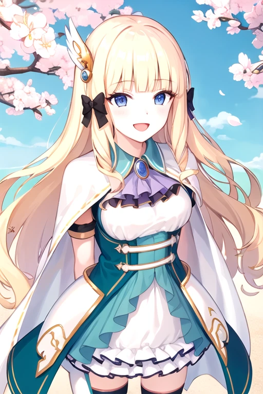 (best quality, high resolution, masterpiece:1.2), 1 girl, Saren, long hair, blonde hair, hair bow, black bow, hair ornament, blunt bangs, pointy ears, large breasts, brooch, white cape, aqua dress, underbust, short sleeves, white gloves, white skirt, frilled skirt, white thighhighs, arms behind back, smile, open mouth, leaning forward, standing, outdoors, cherry blossoms,