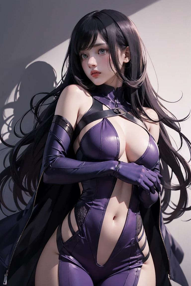 (masterpiece, intricate details, ultra high resolution) Psylocke from Marvel, depicted in an exquisitely detailed and sensual image. She is wearing a sleek black bodysuit paired with black leggings, perfectly hugging her athletic and toned figure. A purple fabric sash is elegantly tied around her waist, adding a striking contrast to her dark attire. Her pose is both powerful and alluring, exuding confidence and grace. The background is subtle and understated, keeping the focus entirely on Psylocke. Her striking features, including her piercing eyes and flowing hair, are highlighted with meticulous detail. The overall composition emphasizes high quality and sophistication, capturing the essence of Psylocke in a visually captivating manner.