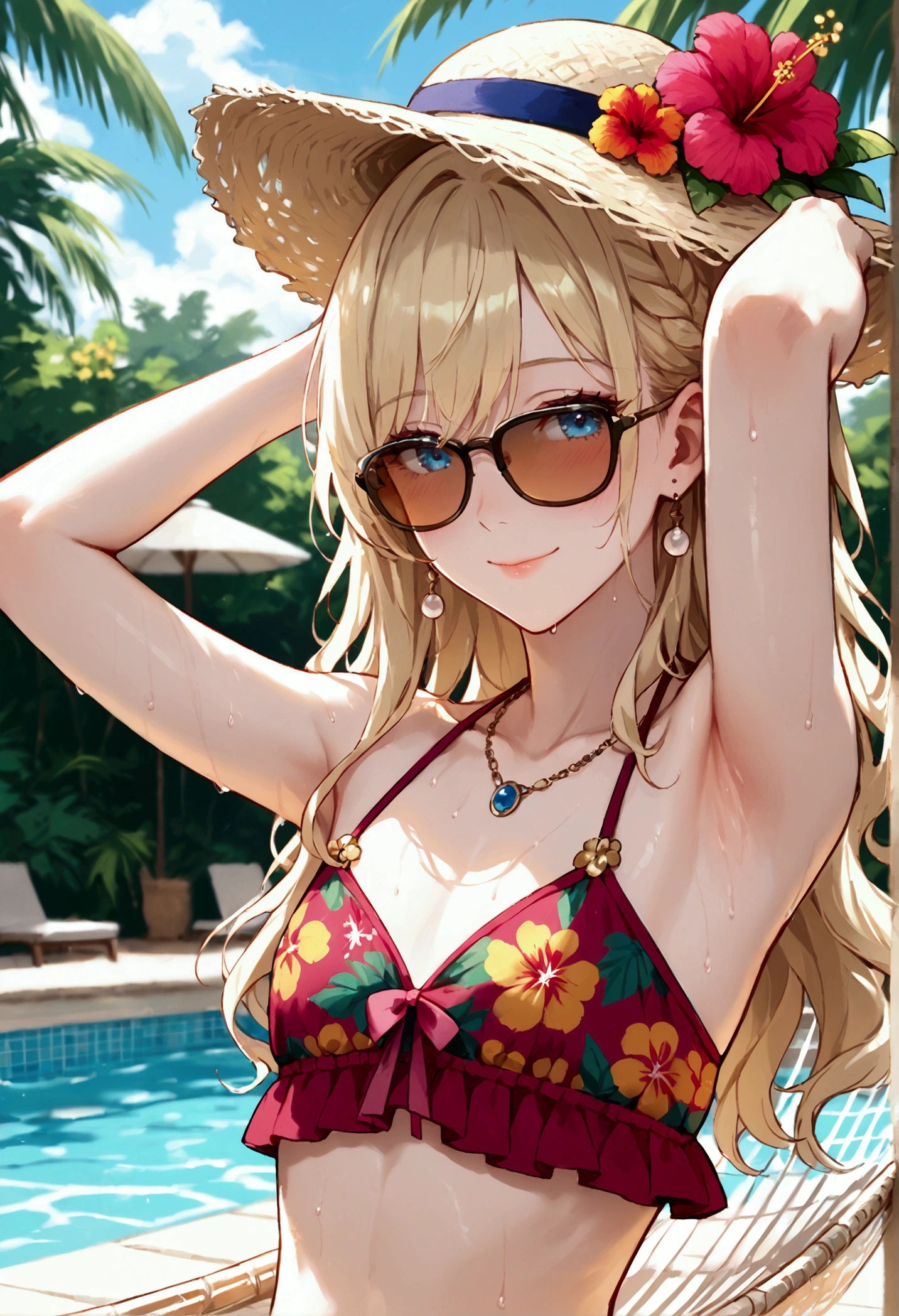 core_9, score_8_up, score_7_up, Very beautiful boy,Resort Cottage,Pool,hammock,Tropical,Upper body close-up,Raise your arms,Show your armpits,blush,smile,lure,Hibiscus flower,Floral Bikini,Frills,Pareo,sunglasses,Capelin Hat,Beautiful blonde,Delicate hair ornament,Semi-long,,Unreal beauty,Captivating eyes, femboy, trap, Sweating,Beautiful Shadows,Best Quality, (Intricate details), Cinematic Light,Ray Tracing