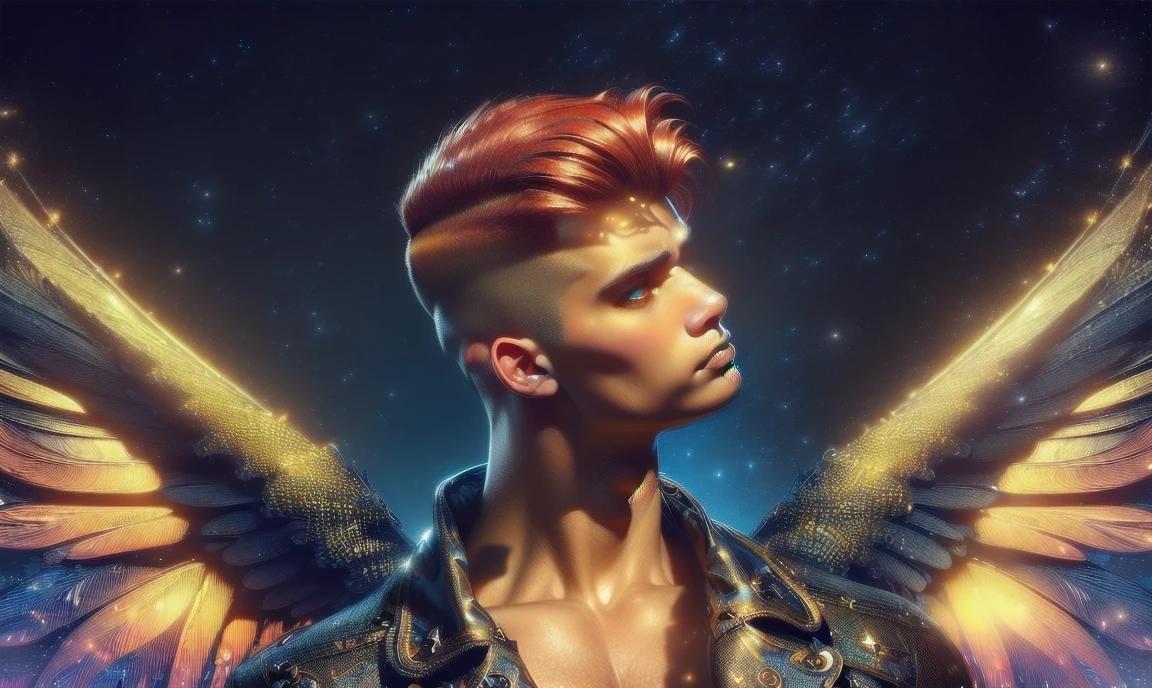 [((highly detailed, detailed eyes, detailed face, clear and realistic facial features, photorealistic, realistic light, cinematic, facing the viewer, close up)), (1 man), (((((Gorgeous beautiful male angel))))), (((two barely-visible spirit wings, both wings showing behind his back))), ((((short sexy red hair in an undercut)))), ((((pale yellow eyes)))), ((24 years old)), ((wearing a white jacket)), (((aura of divine power))), (((((background is a darkened apartment at nighttime))))), ((light blush)), (((((wearing an irritated expression)))))]
