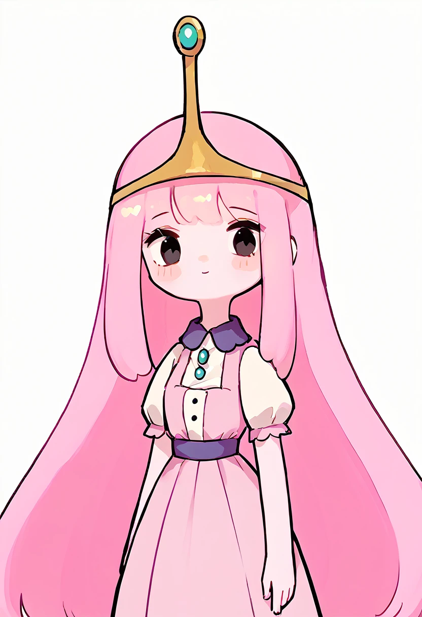 1girl, tall and slender with light pink skin and magenta-pink hair, black eyes, a pink gown with purple trim and a golden circlet crown with a turquoise jewel, Princess Bubblegum